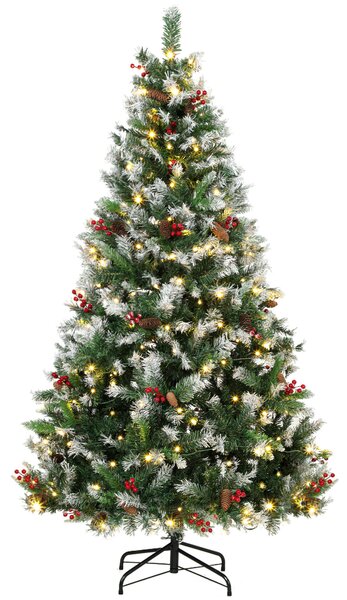Albero di Natale Innevato Ø115x180 cm con 250 LED a 2 Colori Telecomando 11 Modalità Pigne e Bacche Rosse in PVC