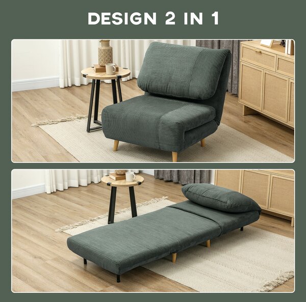 HOMCOM 2-in-1 Poltrona Letto Ospiti, poggiatesta regolabile Velluto a Coste 82 cm x 89 cm x 83 cm Verde