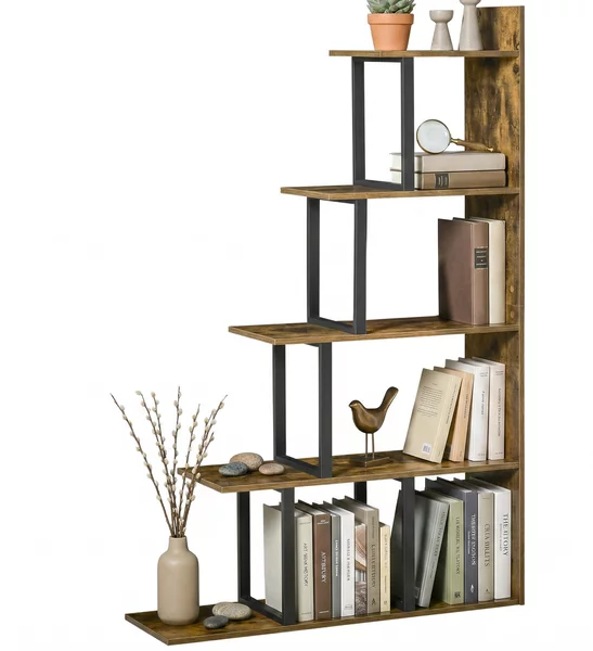 HOMCOM Libreria Scaffale Moderno a Scala con 5 Ripiani, in Stile Industriale e in Legno, 102x30x160cm, Nero e Color Legno|Aosom Italy
