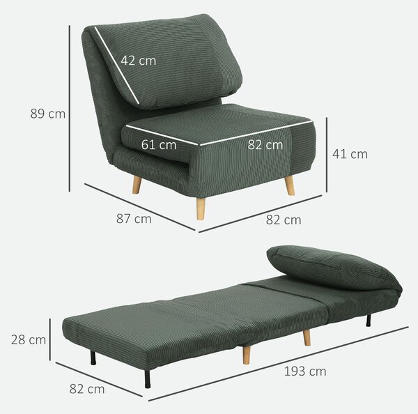 HOMCOM 2-in-1 Poltrona Letto Ospiti, poggiatesta regolabile Velluto a Coste 82 cm x 89 cm x 83 cm Verde