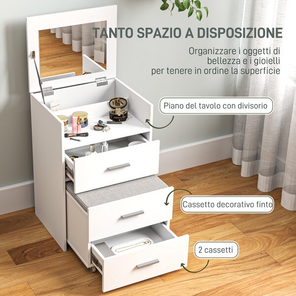 HOMCOM Tavolo da Trucco in Legno con Specchio Ribaltabile, 2 Cassetti e Sgabello, 50x40x113.5 cm, Bianco