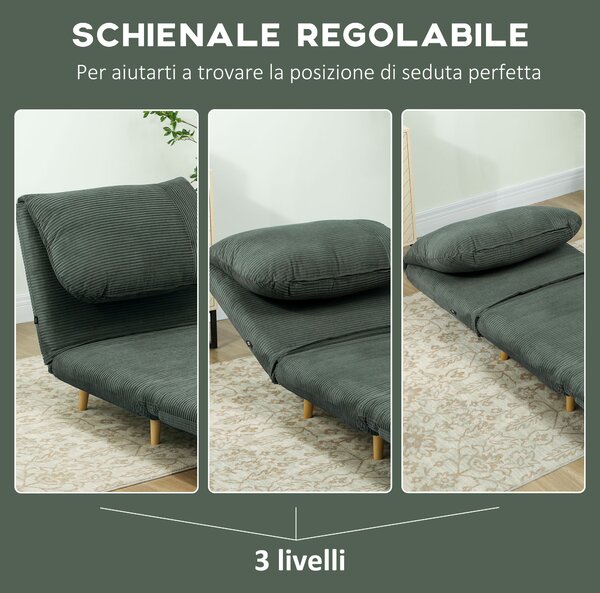 HOMCOM 2-in-1 Poltrona Letto Ospiti, poggiatesta regolabile Velluto a Coste 82 cm x 89 cm x 83 cm Verde
