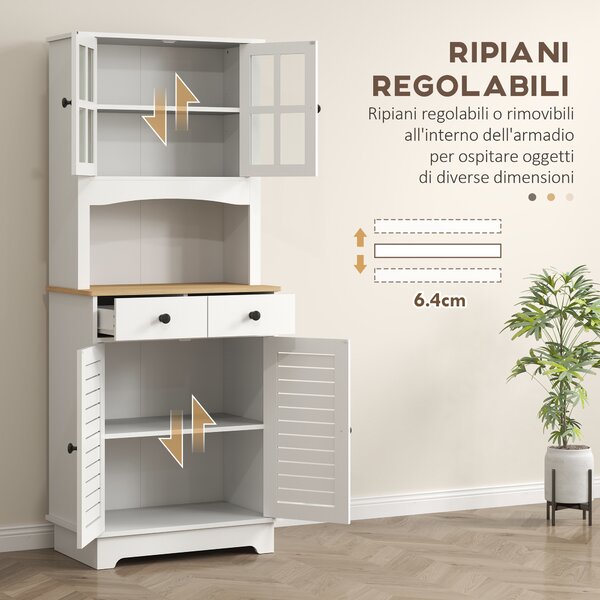 HOMCOM Armadio da Cucina con Porte in Vetro, 2 Cassetti, Armadio per Stoviglie, Armadio da Sala da Pranzo, Legno, 68 x 39,5 x 170 cm, Bianco