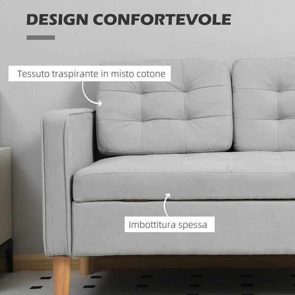 HOMCOM Divano a Due Posti con Contenitore, Impunture a Bottoni, Cuscini, Legno di Gomma, 117x62x78cm, Grigio Chiaro | Aosom Italy