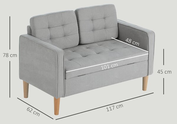 HOMCOM Divano a Due Posti con Contenitore, Impunture a Bottoni, Cuscini, Legno di Gomma, 117x62x78cm, Grigio Chiaro | Aosom Italy