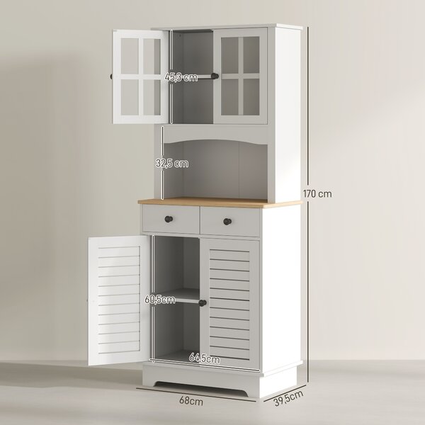 HOMCOM Armadio da Cucina con Porte in Vetro, 2 Cassetti, Armadio per Stoviglie, Armadio da Sala da Pranzo, Legno, 68 x 39,5 x 170 cm, Bianco