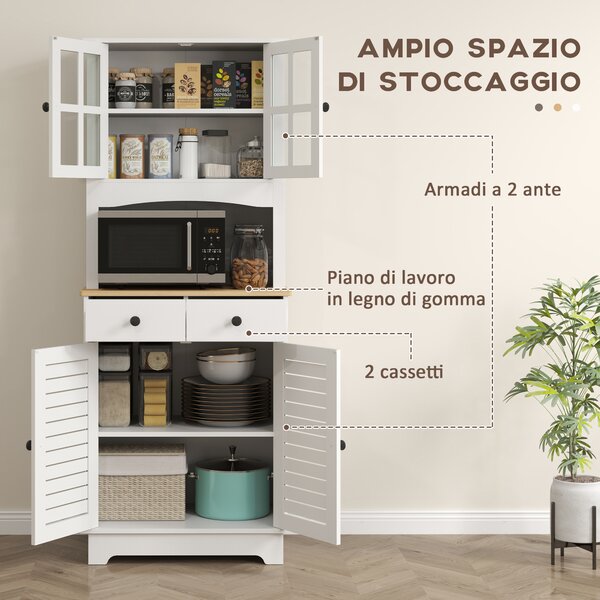 HOMCOM Armadio da Cucina con Porte in Vetro, 2 Cassetti, Armadio per Stoviglie, Armadio da Sala da Pranzo, Legno, 68 x 39,5 x 170 cm, Bianco