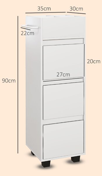 HOMCOM Mobiletto da bagno con 4 scomparti, 3 cassetti e porta asciugamani, dim. 35 x 30 x 90 cm, bianco