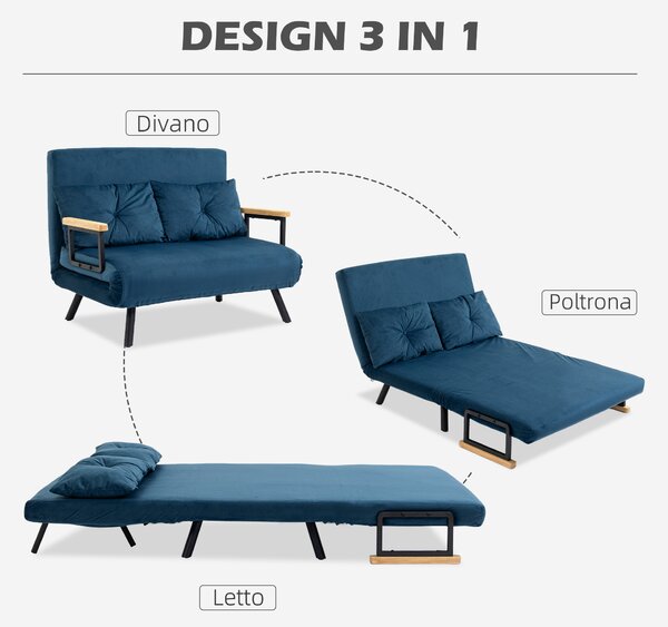 HOMCOM Divano convertibile a 2 posti con schienale regolabile a 5 livelli e 2 cuscini imbottiti, rivestimento in velluto, blu | Aosom Italy