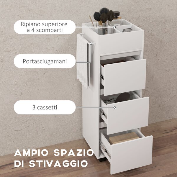 HOMCOM Mobiletto da bagno con 4 scomparti, 3 cassetti e porta asciugamani, dim. 35 x 30 x 90 cm, bianco