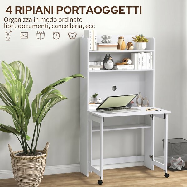 HOMCOM Scrivania Pieghevole con Libreria, 2 Ruote e 4 Ripiani, Tavolo Salvaspazio Moderna con Foro Passacavi, 80x69x155 cm, Bianco | Aosom Italy