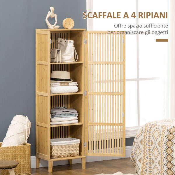 HOMCOM Mobile Bagno Stretto in Bambù, Mobiletto Bagno Salvaspazio con 4 Ripiani e Porta a Doghe, 40x30x140 cm, Naturale | Aosom Italy