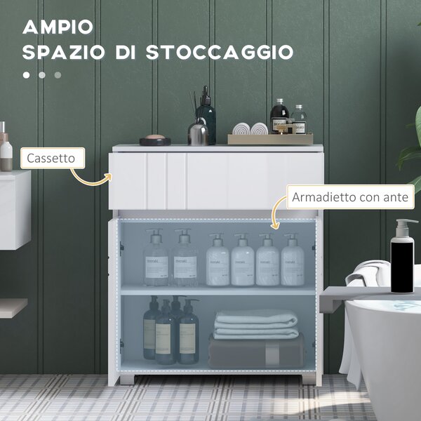 Kleankin Mobiletto da bagno su piedi con 2 porte 1 cassetto, scaffale regolabile, bianco lucido