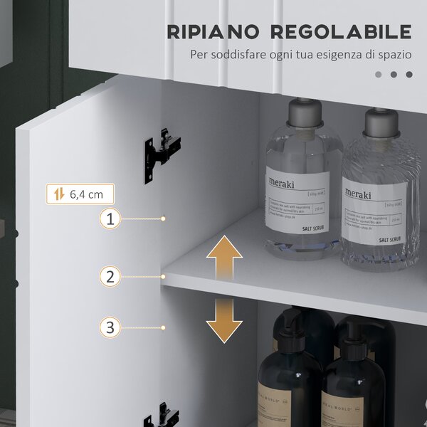 Kleankin Mobiletto da bagno su piedi con 2 porte 1 cassetto, scaffale regolabile, bianco lucido