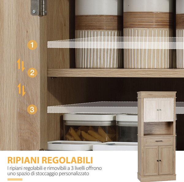 HOMCOM Credenza da cucina buffet con armadi, ripiani regolabili, cassetto e nicchia, stile moderno per sala da pranzo, soggiorno, 74 x 39,5 x 183 cm, quercia chiara