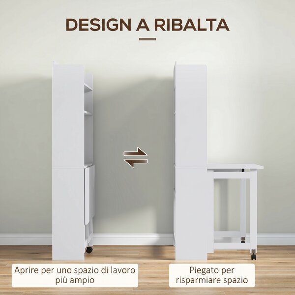 HOMCOM Scrivania Pieghevole con Libreria, 2 Ruote e 4 Ripiani, Tavolo Salvaspazio Moderna con Foro Passacavi, 80x69x155 cm, Bianco | Aosom Italy