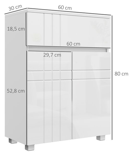 Kleankin Mobiletto da bagno su piedi con 2 porte 1 cassetto, scaffale regolabile, bianco lucido