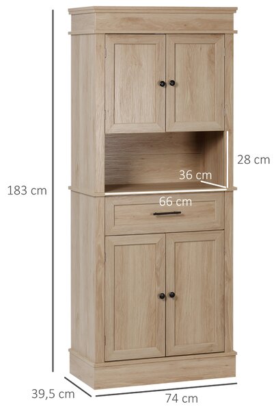 HOMCOM Credenza da cucina buffet con armadi, ripiani regolabili, cassetto e nicchia, stile moderno per sala da pranzo, soggiorno, 74 x 39,5 x 183 cm, quercia chiara