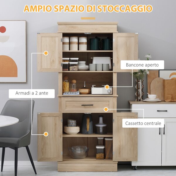 HOMCOM Credenza da cucina buffet con armadi, ripiani regolabili, cassetto e nicchia, stile moderno per sala da pranzo, soggiorno, 74 x 39,5 x 183 cm, quercia chiara