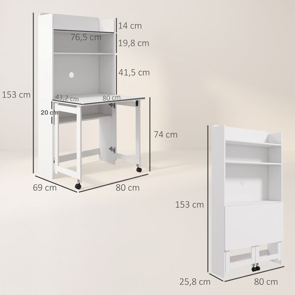 HOMCOM Scrivania Pieghevole con Libreria, 2 Ruote e 4 Ripiani, Tavolo Salvaspazio Moderna con Foro Passacavi, 80x69x155 cm, Bianco | Aosom Italy