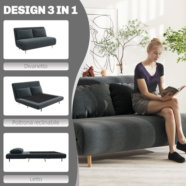 HOMCOM Divano letto, con schienale regolabile in 3 posizioni, tessuto a coste, fino a 120 kg, 141 x 90 x 81 cm, Grigio scuro | Aosom Italy