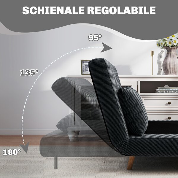 HOMCOM Divano letto, con schienale regolabile in 3 posizioni, tessuto a coste, fino a 120 kg, 141 x 90 x 81 cm, Grigio scuro | Aosom Italy
