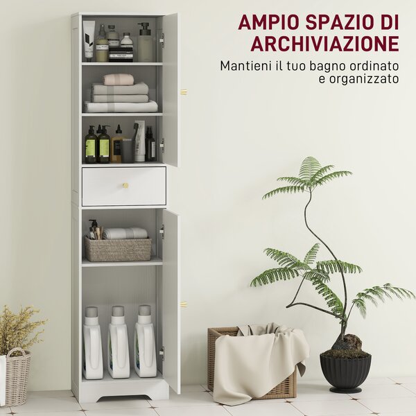 HOMCOM Armadietto Alto da Bagno Stretto con 2 Porte Arco Cassetto e Ripiani Regolabili Moderno 40x29,5x170 cm Bianco Veteado | Aosom Italy