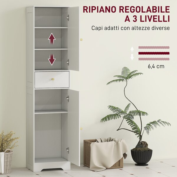 HOMCOM Armadietto Alto da Bagno Stretto con 2 Porte Arco Cassetto e Ripiani Regolabili Moderno 40x29,5x170 cm Bianco Veteado | Aosom Italy