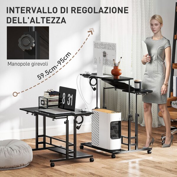 HOMCOM Scrivania con Altezza Regolabile, con Ruote, Prese e Porte USB, 80x60 cm, Nero | Aosom Italy