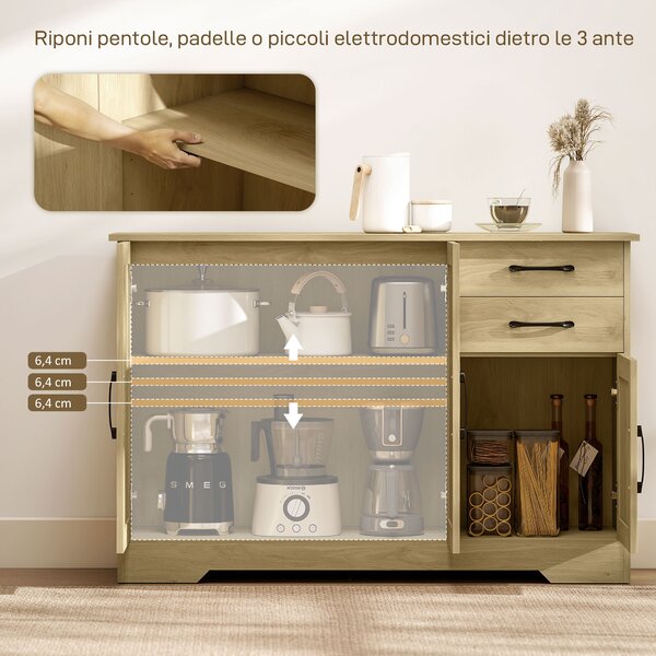HOMCOM Credenza Moderna con 3 Porte, 2 Cassetti e Ripiano Regolabile 120x38x79 cm Legno Naturale | Aosom Italy