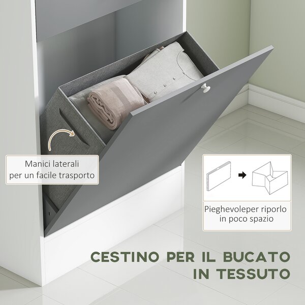 HOMCOM Armadio da bagno con cestino per il bucato e porta specchiata ripiano regolabile 62 x 28,3 x 181 cm grigio e bianco | Aosom Italy