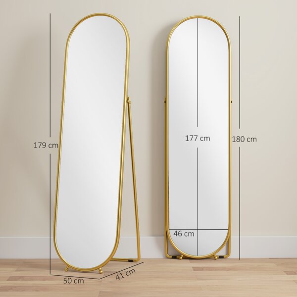 HOMCOM Specchio a Figura Intera da Terra con Supporto Pieghevole, Vetro e Metallo, 50x4x180 cm, Oro | Aosom Italy