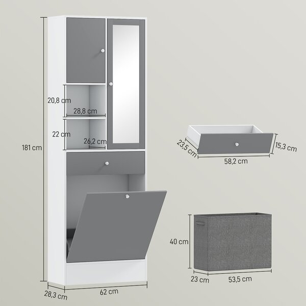 HOMCOM Armadio da bagno con cestino per il bucato e porta specchiata ripiano regolabile 62 x 28,3 x 181 cm grigio e bianco | Aosom Italy