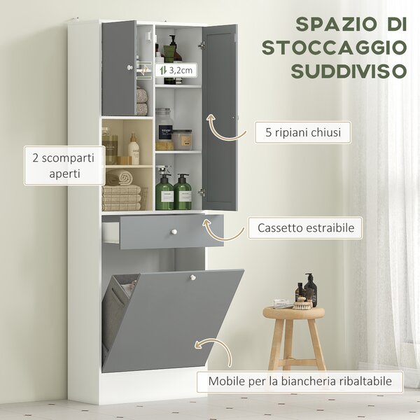 HOMCOM Armadio da bagno con cestino per il bucato e porta specchiata ripiano regolabile 62 x 28,3 x 181 cm grigio e bianco | Aosom Italy