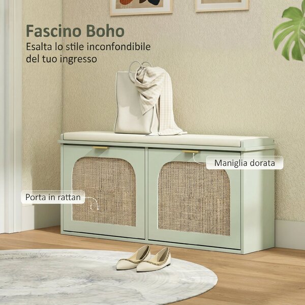 HOMCOM Panca portascarpe con seduta imbottita e anta in rattan, 104x26x47,5 cm, Verde | Aosom Italy