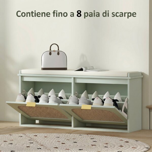 HOMCOM Panca portascarpe con seduta imbottita e anta in rattan, 104x26x47,5 cm, Verde | Aosom Italy