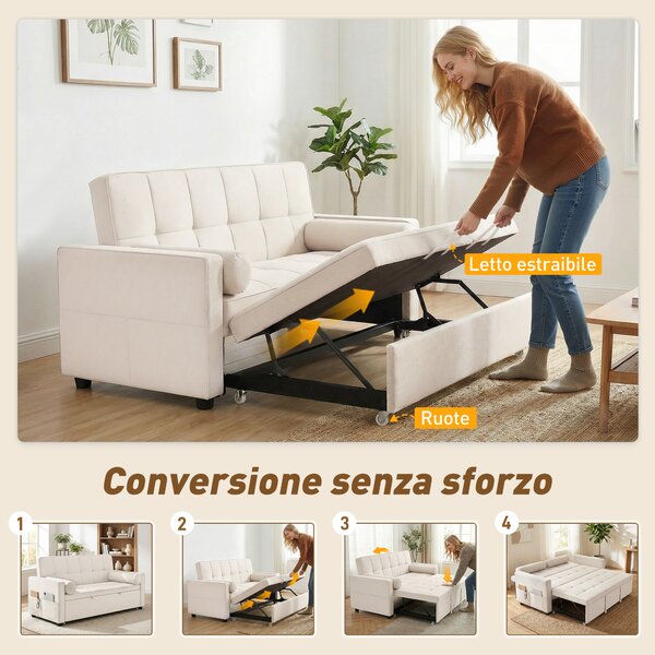 HOMCOM Divano letto 2 posti 3 in 1 divano-letto con letto estraibile doppio schienale regolabile 2 cuscini 80,5x137,5x84cm beige | Aosom Italy