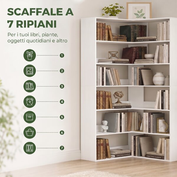 HOMCOM Scaffale con 7 Ripiani, Scaffale Angolare a L con Protezione Posteriore Antiscivolo, Bianco Effetto Legno | Aosom Italy