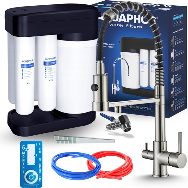 Rubinetto da cucina a 3 vie Aquaphor Morion con doccetta estraibile, canna girevole, acciaio inox, per filtro acqua, monocomando