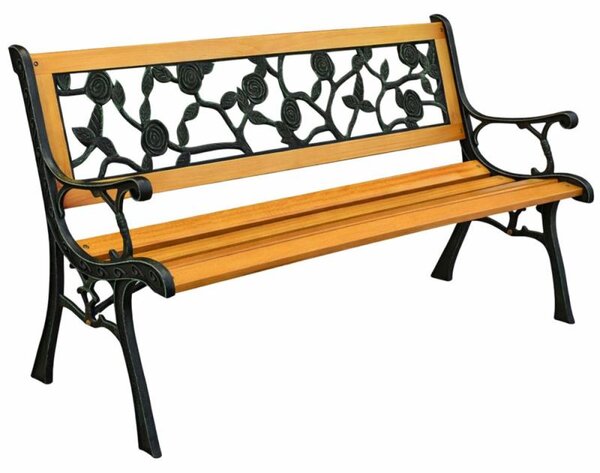 Panchina da giardino in legno con schienale in metallo a forma di rosa