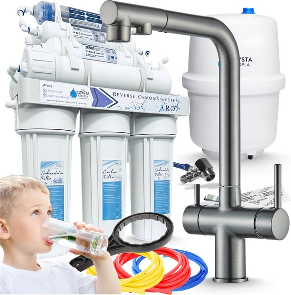 Rubinetto da cucina a 3 vie Ari Venom 2 con doccetta estraibile e girevole, collegamento filtro acqua, grafite
