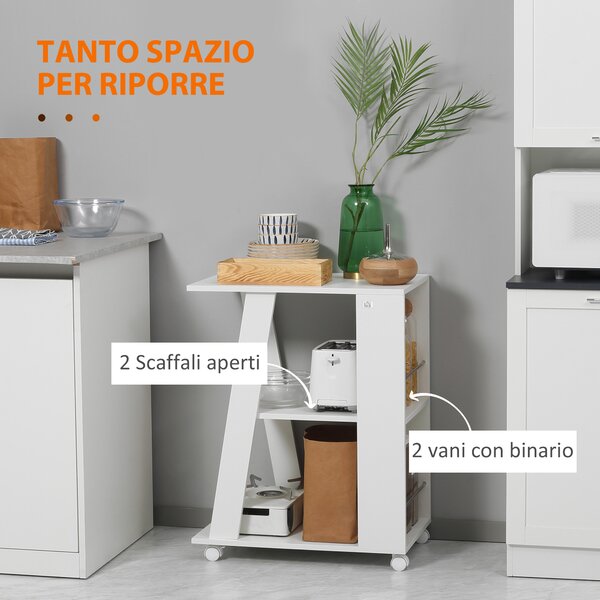 HOMCOM Carrello da Cucina Portavivande in Legno con 2 Ripiani e Ruote, 60x38x77cm, Bianco|Aosom