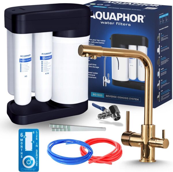 Rubinetto da cucina a 3 vie Ari Venom 1 con doppia canna per acqua filtrata, ottone dorato lucido, girevole, attacco filtro, monoforo