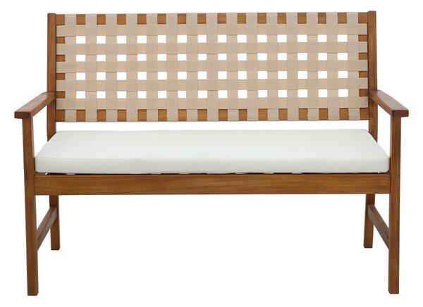 Panchina da giardino in legno massiccio 2 posti con cuscino bianco e cinghie L114 cm SANTANA