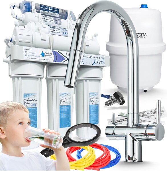 Rubinetto da cucina Ari Slender a 3 vie con filtro acqua, doccetta estraibile, beccuccio girevole, cromato argento