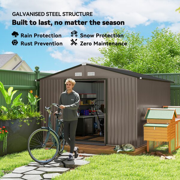 Outsunny Casetta da Giardino con 2 Porte Scorrevoli e 4 Prese d'Aria in Acciaio, 322x277x192 cm, Marrone | Aosom Italy