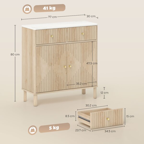 HOMCOM Credenza Buffet in Legno con 2 Cassetti, Armadietto e Piano d'Appoggio Effetto Marmo, 77x30x80 cm, color Rovere | Aosom Italy