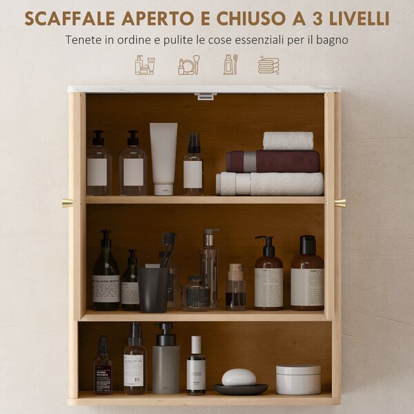 HOMCOM Armadietto Bagno a Parete con Ripiano Aperto e Ante Decorate, Piano Effetto Marmo, 60x18x70 cm, Rovere | Aosom Italy