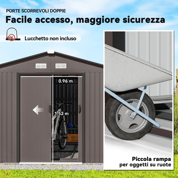 Outsunny Casetta da Giardino con 2 Porte Scorrevoli e 4 Prese d'Aria in Acciaio, 322x277x192 cm, Marrone | Aosom Italy