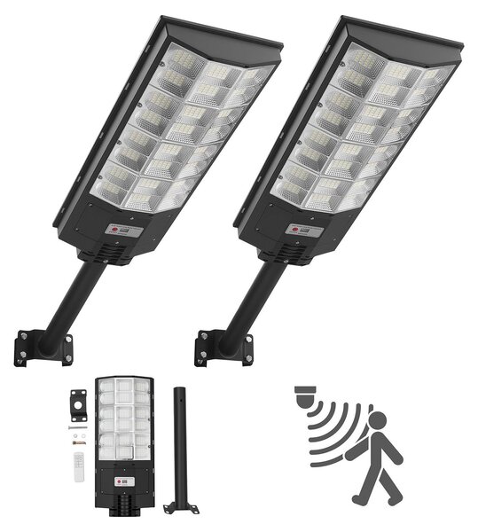 Lampione solare - Set di 2 proiettori LED - Luminosità 450000 lumen - Potenza 8000 W - Con sensore crepuscolare - Rilevatore di movimento - Impermeabile IP67 - Per vialetti e cortili